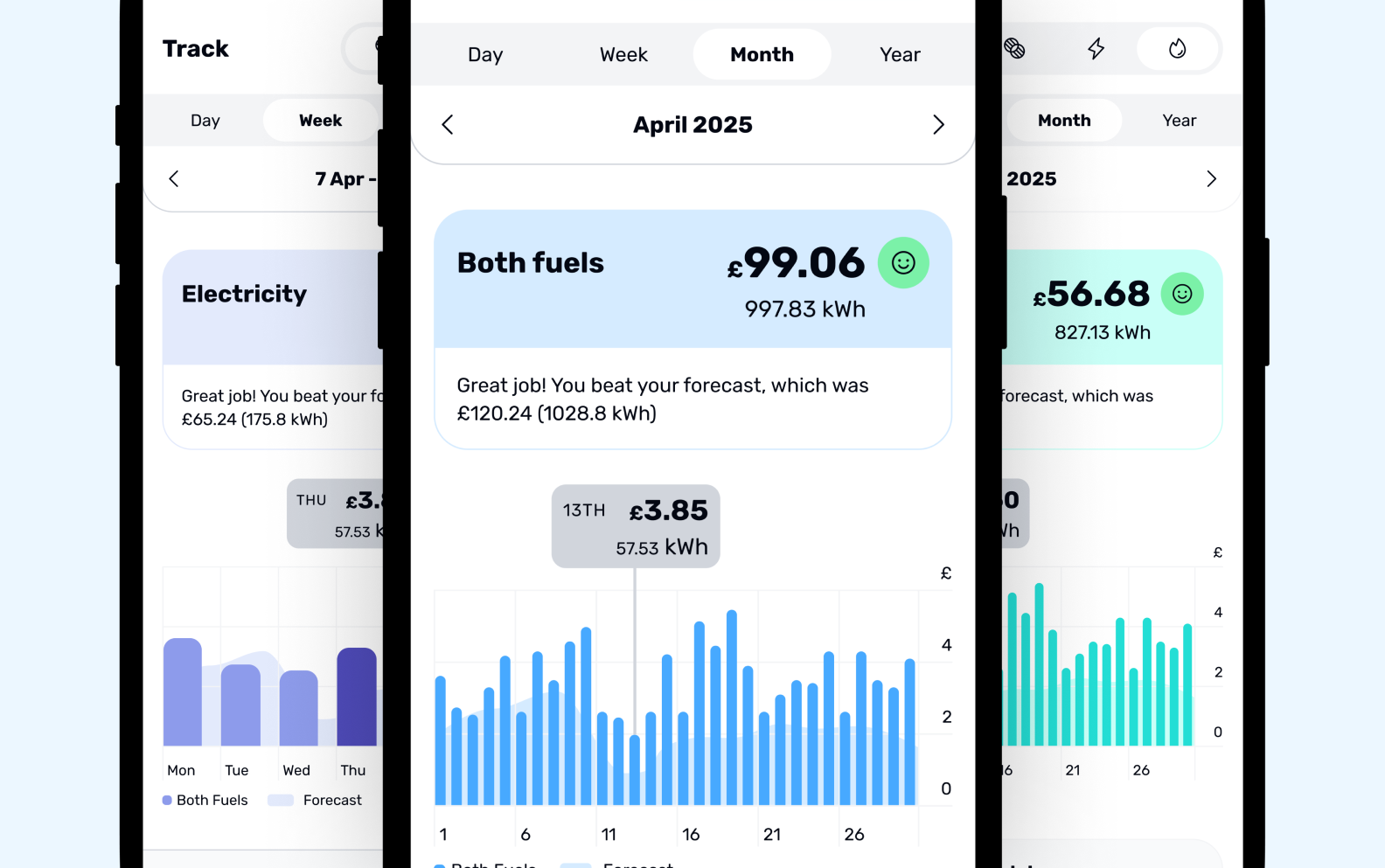 App screens showing energy tracking