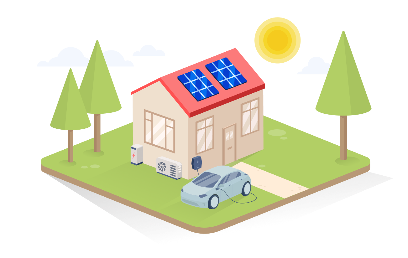Illustration showing a home with different green technologies installed